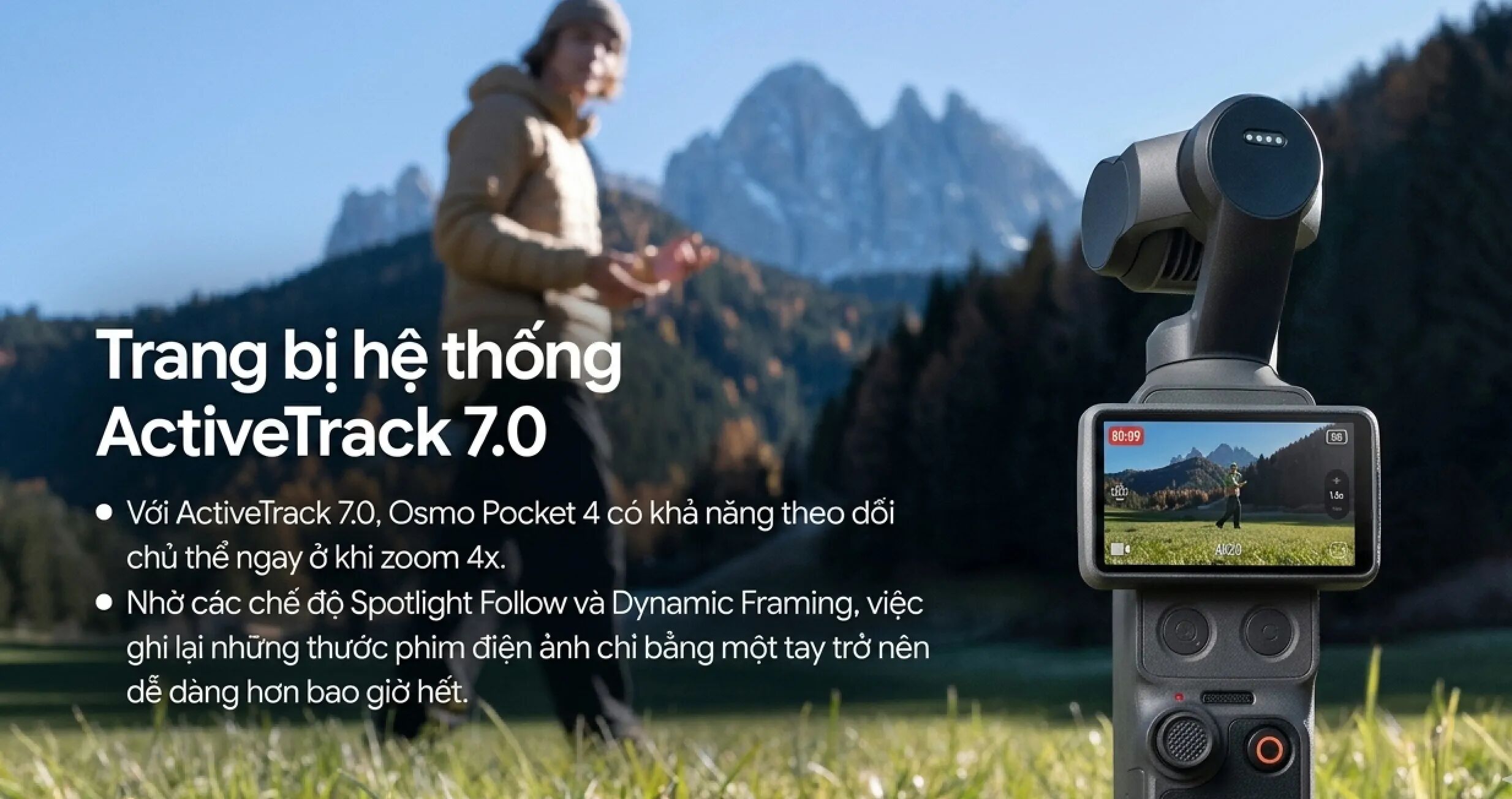 Chi tiết DJI Osmo Pocket 4 với tính năng ActiveTrack 7.0 và D-Log M 10-bit, mang lại trải nghiệm quay phim chuyên nghiệp.